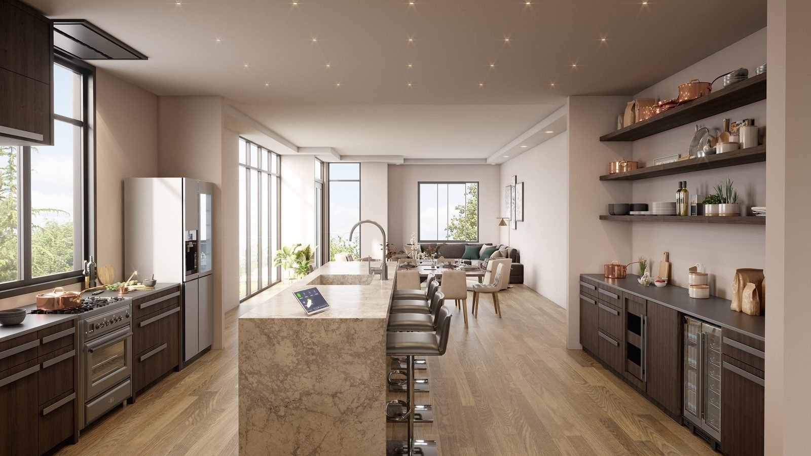 Photorealistic 3D interior rendering of a kitchen and living space, produced by TMA Design