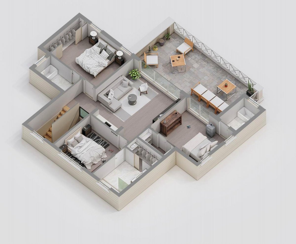 3D cutaway floor plan rendering of a two-bedroom apartment with furnished terrace