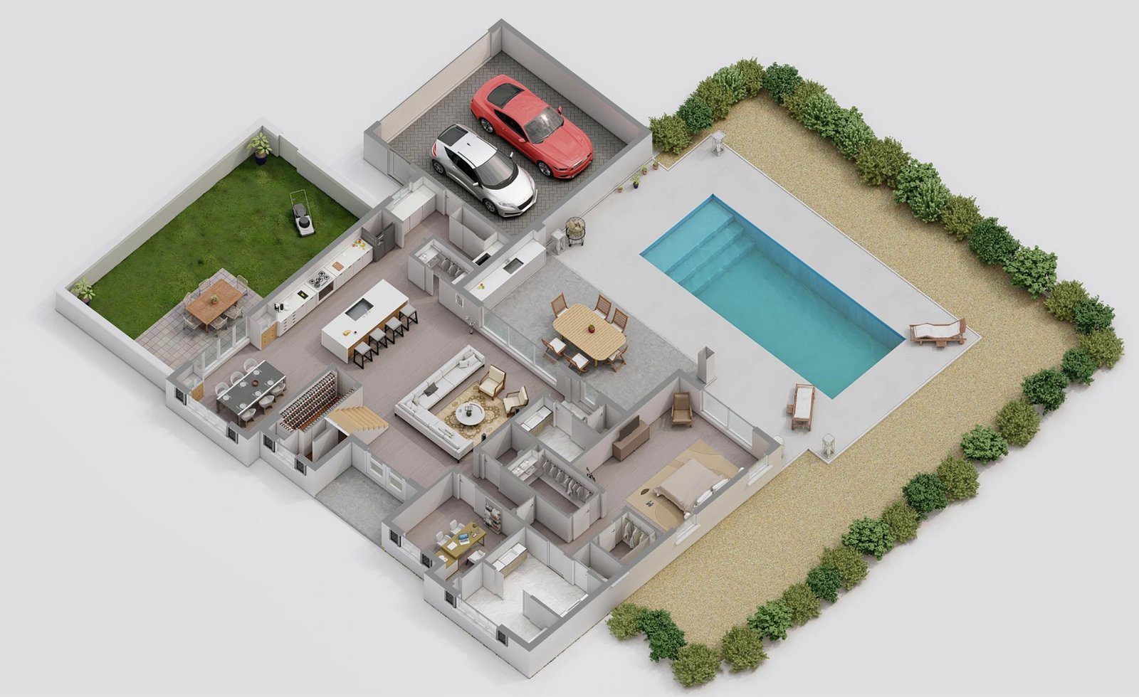 3D cutaway site plan rendering of a single-storey residence with pool, garage and planted perimeter