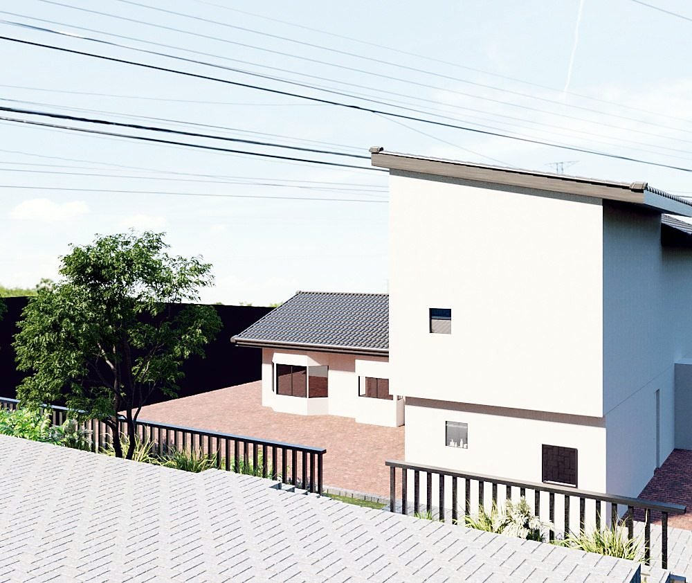 3D exterior rendering of San Jose residence with hillside yard