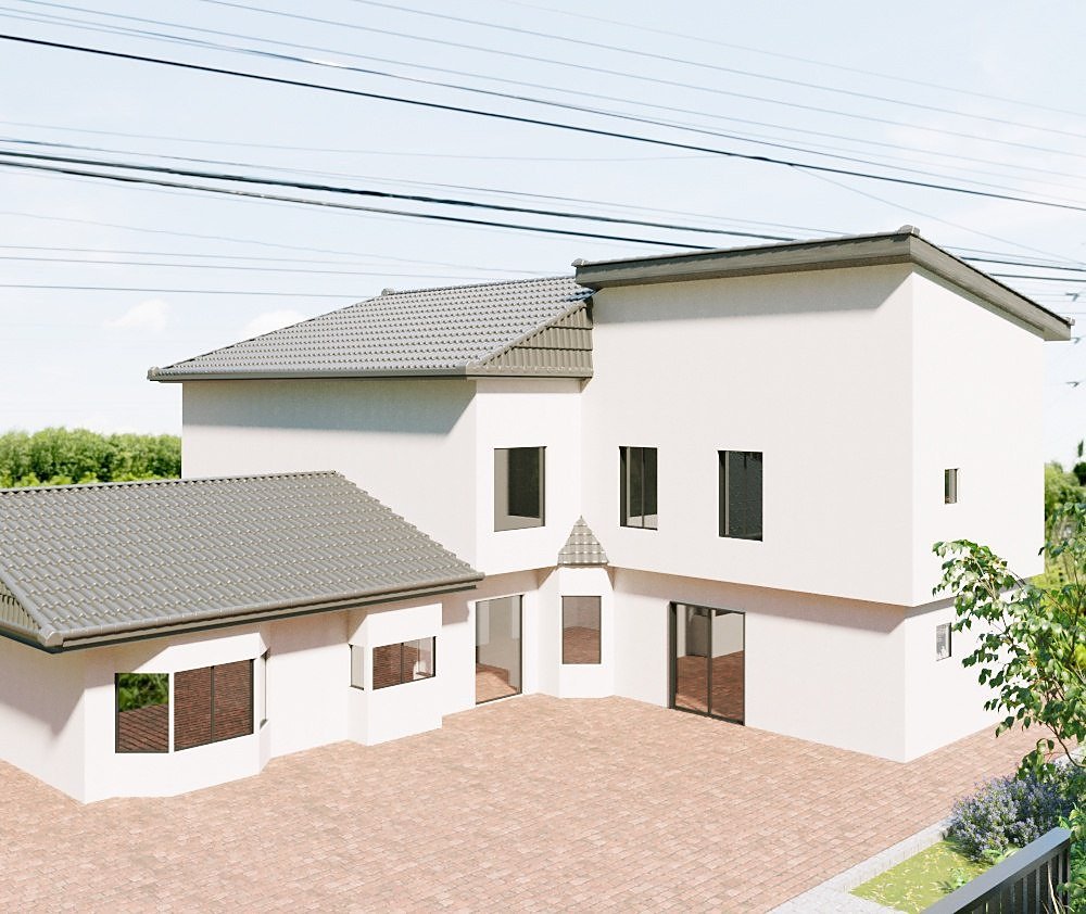3D exterior rendering of San Jose residence, street-side view