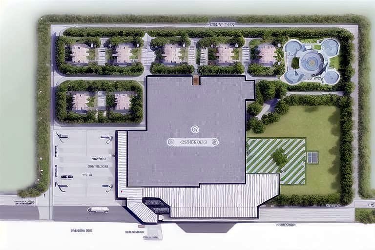 Rendered site plan visualization with landscaping