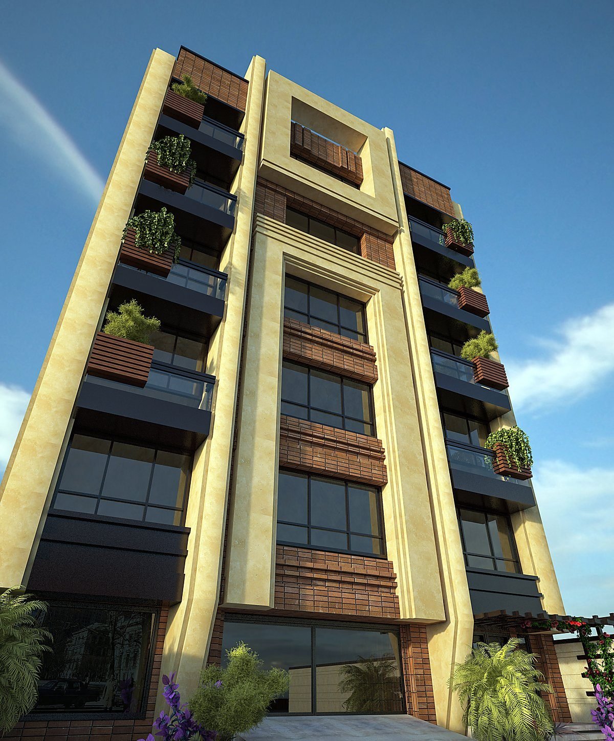 Exterior render of a multi-storey apartment building with planted balconies
