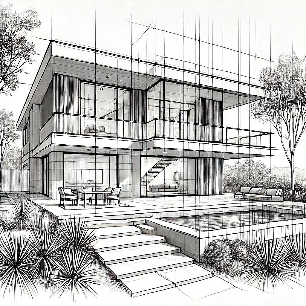 Line-drawn concept render of a modern house with pool and terrace