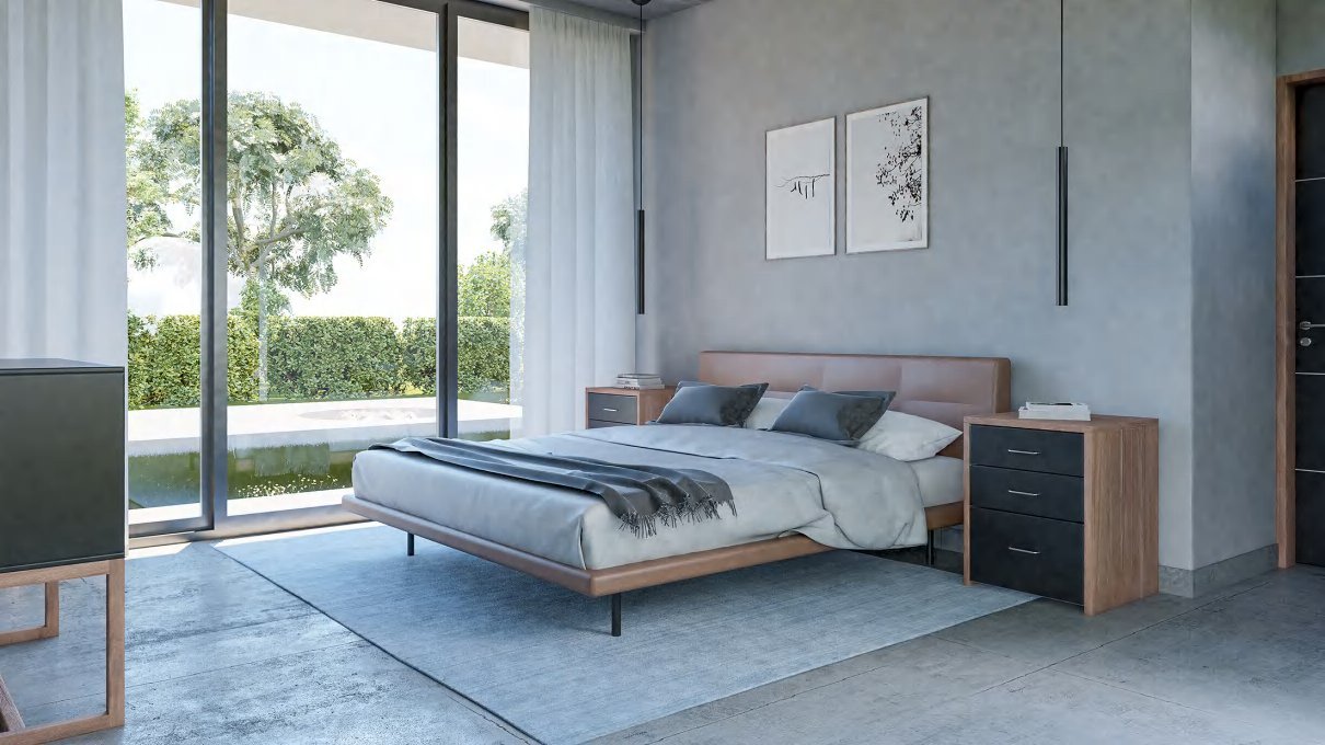 Photorealistic interior rendering of a master bedroom with full-height glazing onto a pool