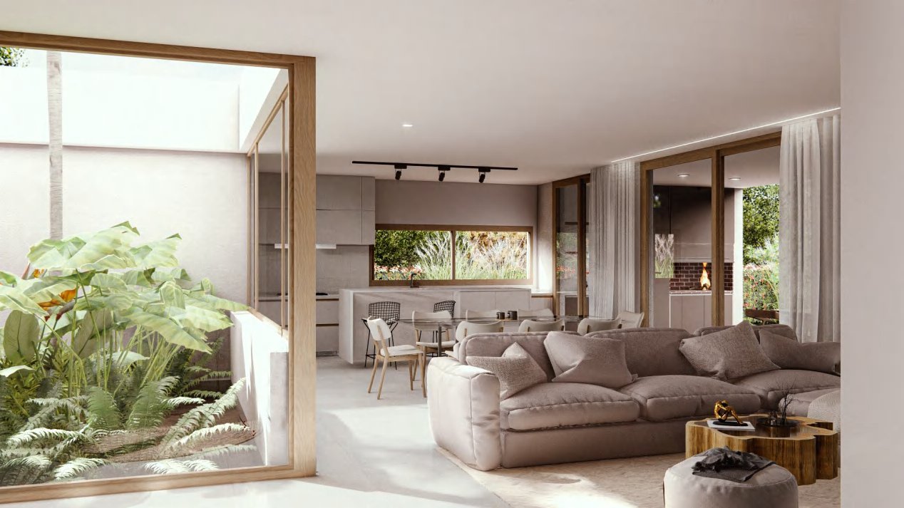 Photorealistic interior rendering of an open living and kitchen space opening onto a planted courtyard