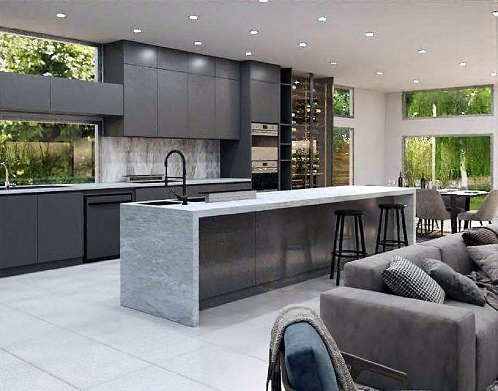 Photorealistic render of a kitchen and living space with stone island