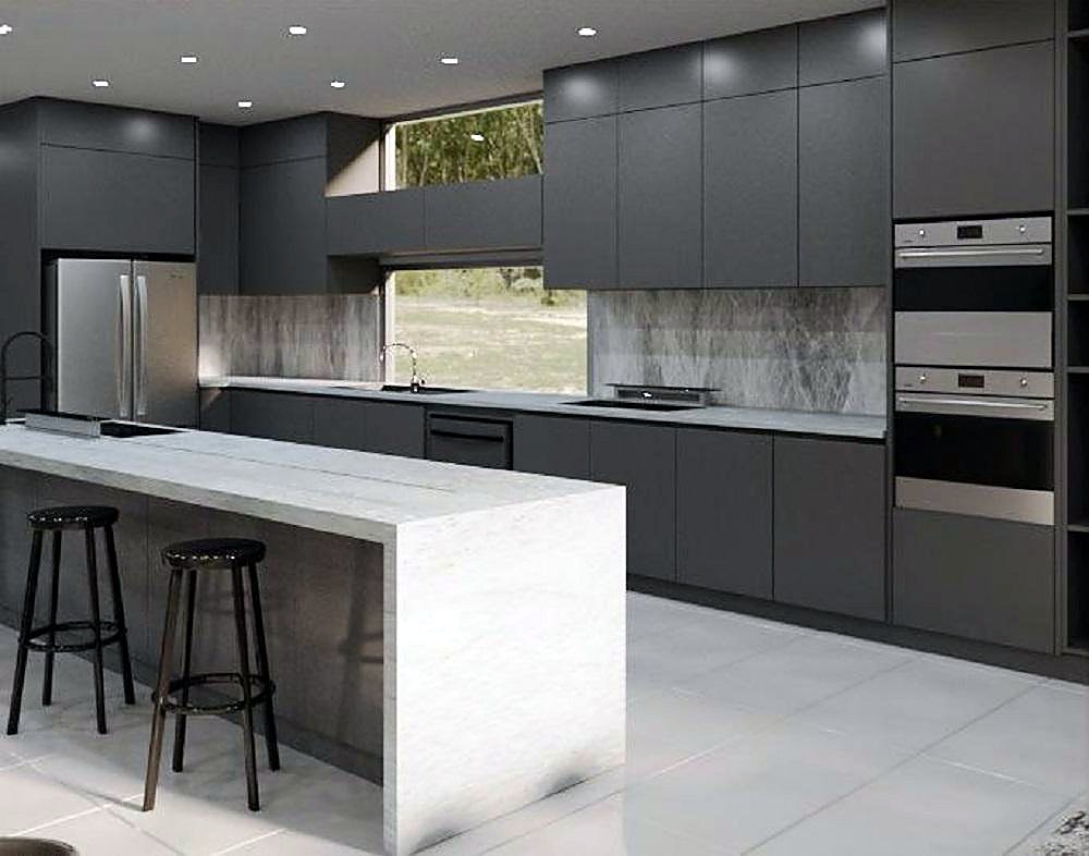 Photorealistic kitchen render with integrated appliances