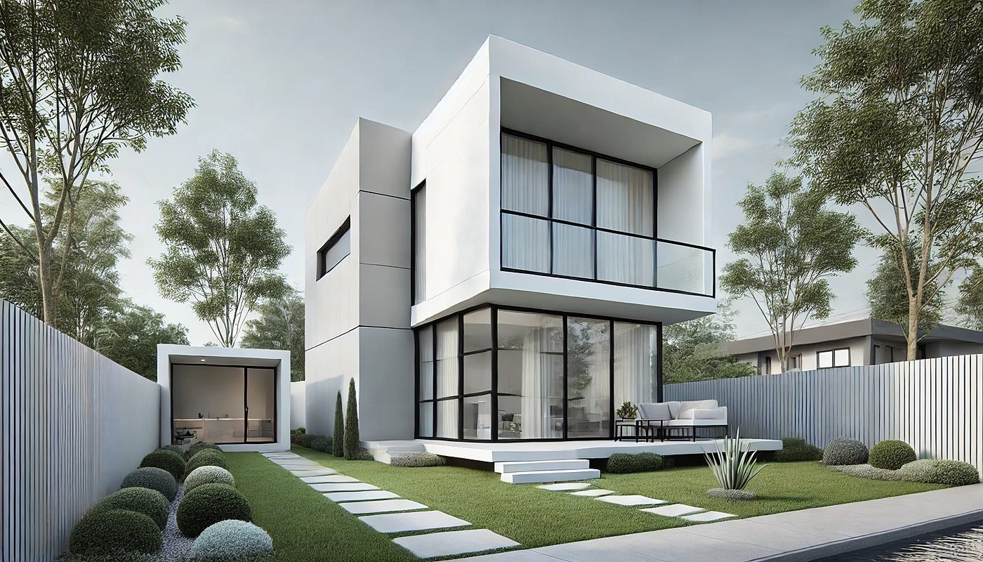 Concept illustration of a two-story main house with a detached accessory dwelling unit in the backyard