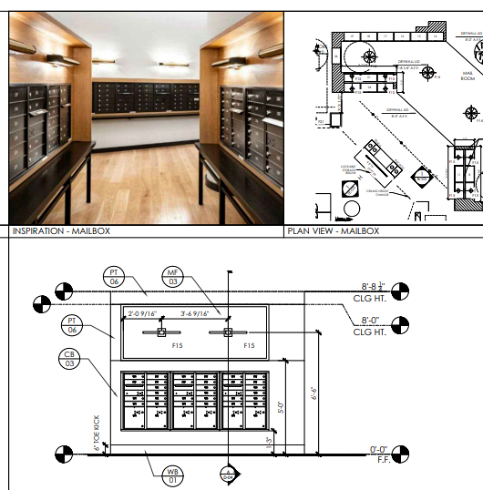 Mailroom plan view and construction detail sheet for a commercial building