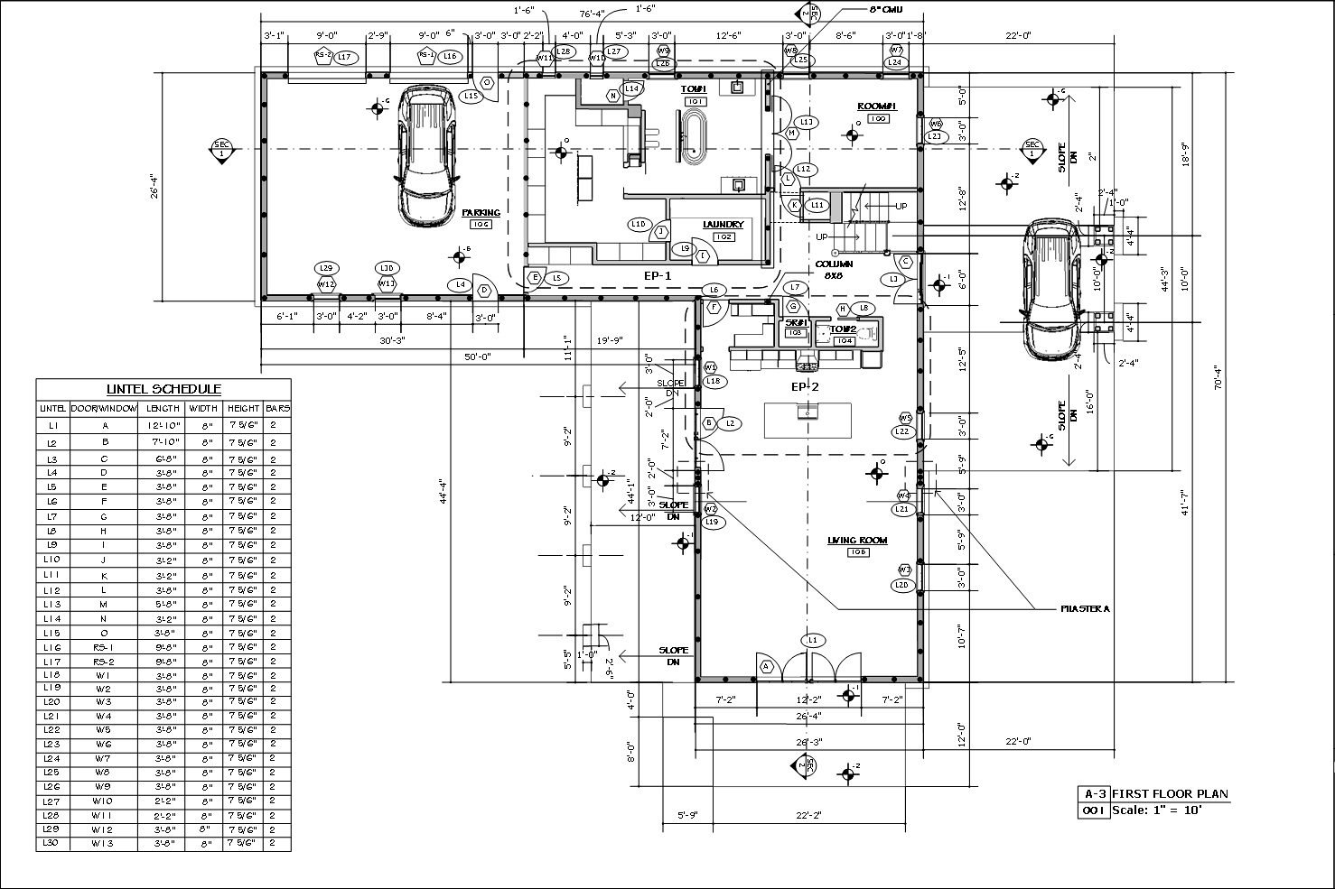 First floor plan sheet A-3 with lintel schedule, residential CAD drafting