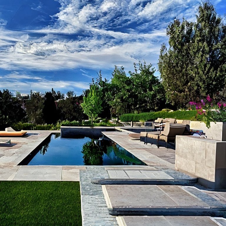 Lap pool, stone terraces and planting in a completed landscape design