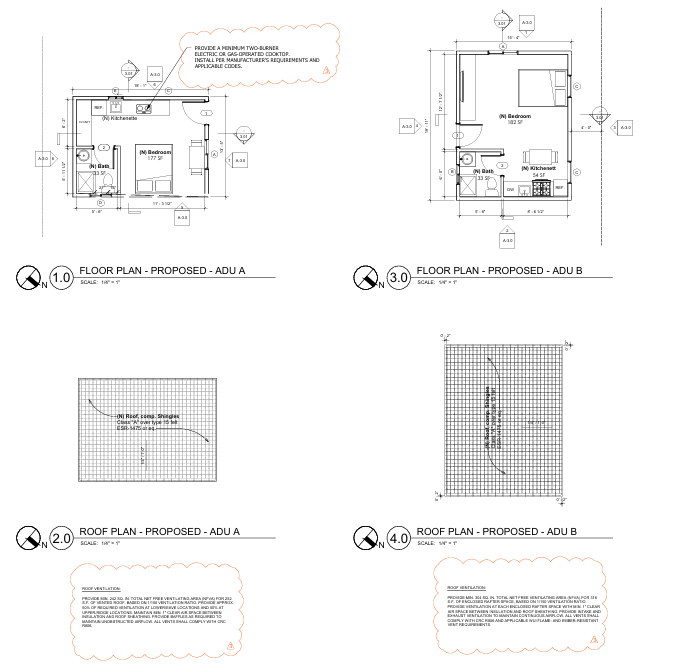Proposed floor plans and roof plans for two accessory dwelling units, Santa Monica permit set