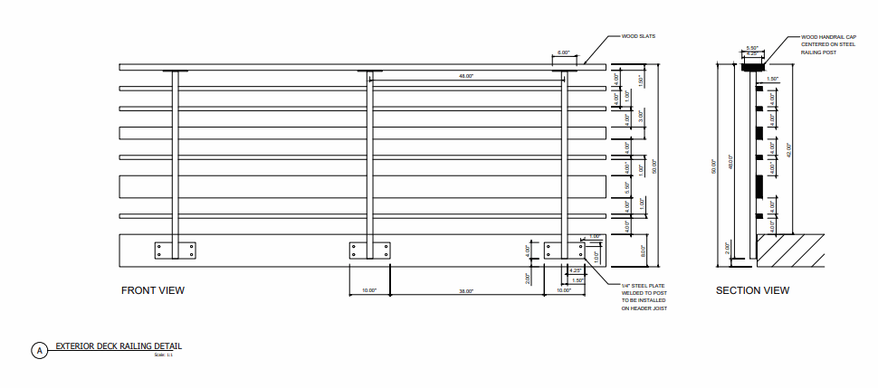 Exterior deck railing detail, front view and section