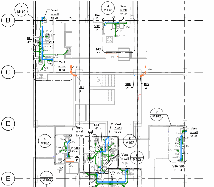 Mechanical vent and plumbing riser plan