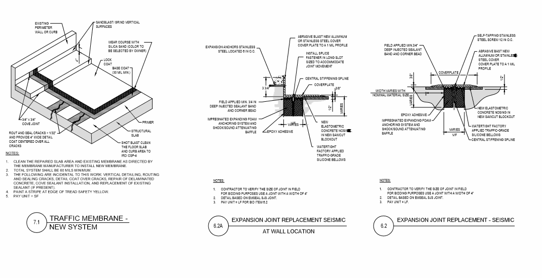 Seismic expansion joint replacement and traffic membrane details