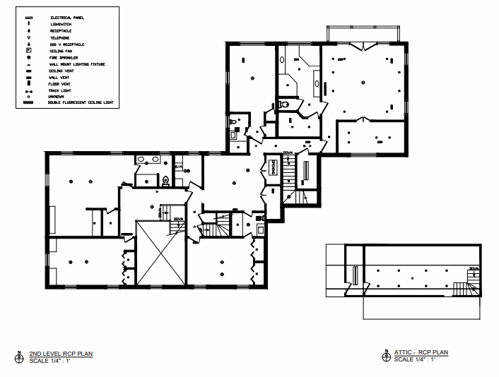 Second level and attic reflected ceiling plans produced from the survey